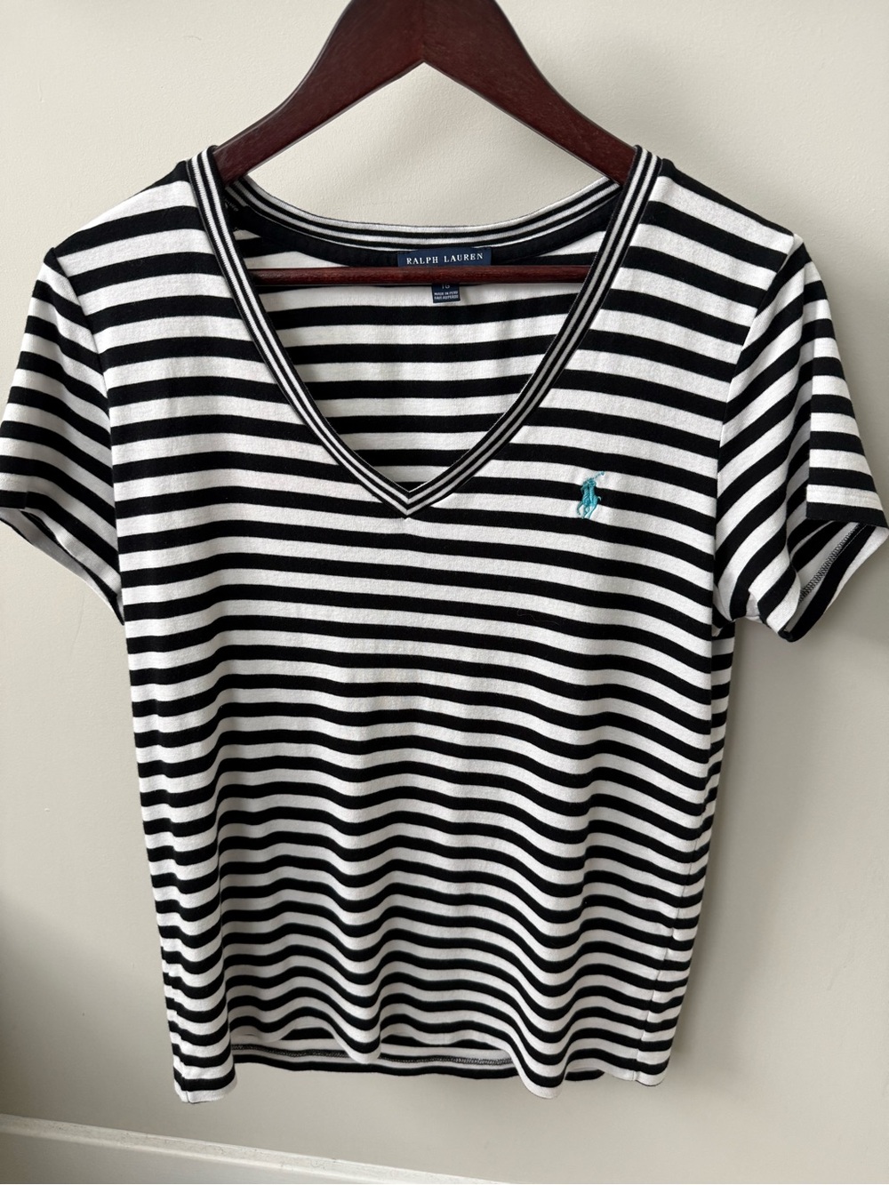 Polo by Ralph Lauren Black & White Striped V-Neck Tee with Teal Pony XL